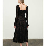 Black Sweetheart Neck Long Sleeve Lace Midi Dress