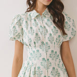 Floral Print Puff Sleeve Bubble Hem Mini Dress - Green