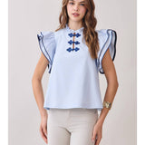Ruffle Layered Flutter Sleeves Contrast Piping Top