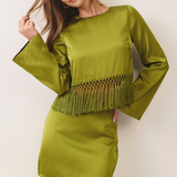 Elara Satin Fringe Flare Sleeve Crop Top