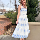 Blue Eyelet Embroidered Cross Back Strap Midi Dress