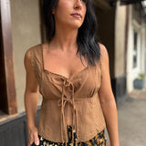 Ginger Scallop Trim Edge Tie Front Sleeveless Top