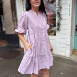 3/4 Sleeve Button Down Stripe Woven Tiered Dress - Rose