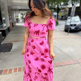 Pink-Red Square Neck Printed Top With Tiered Midi Skirt