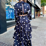 Marlowe Polka Dot Satin Tiered Maxi Skirt