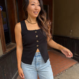 Black Sleeveless Button-Up Sweater Top