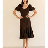 Brown Puff Sleeve Embroidered Midi Dress
