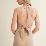 Boho Lace Medallion Pointed Hem Halter Top - Taupe