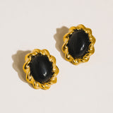 Eulie 18K Gold Vintage Oval Stone Earrings - Black