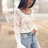 Lace Ruffle Sleeve Button-Front Blouse - Beige