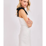 White Black Flirtation Contrast Shoulder Tie Mini Dress