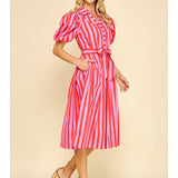 Striped Balloon Sleeve Midi Dress