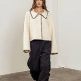 Cream Contrast Trim Stitch Collared Cardigan