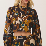 Maribel Floral Puff Sleeve Mock Neck Crop Top