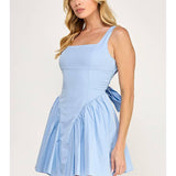Blue Poplin Back Ribbon Mini Dress