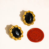 Eulie 18K Gold Vintage Oval Stone Earrings - Black