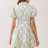 Floral Print Puff Sleeve Bubble Hem Mini Dress - Green