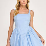 Blue Poplin Back Ribbon Mini Dress