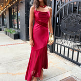 Lainey Asymmetrical Cowl Neck Midi Dress - Wine Red