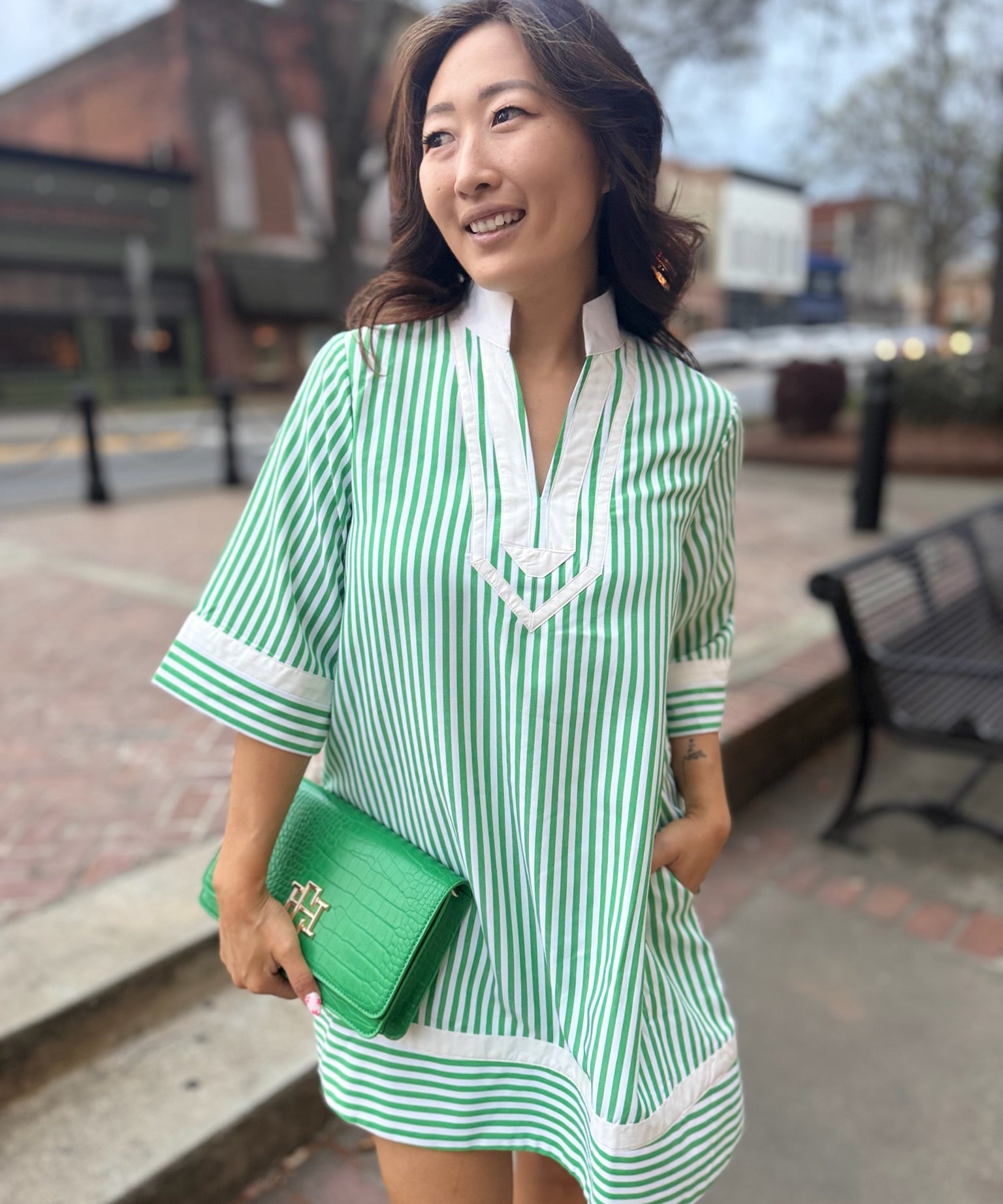 Striped Half Sleeve Mini Dress - Green Firefly Boutique Striped Half Sleeve Mini Dress - Green Firefly Boutique