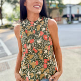 Sleeveless Flower and Leaves Tie Back Top
