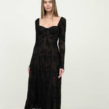 Black Sweetheart Neck Long Sleeve Lace Midi Dress