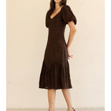 Brown Puff Sleeve Embroidered Midi Dress