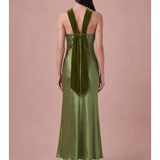 Olive Satin Halter Midi Dress with Velvet Scarf Detail