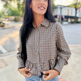 Long Sleeve Gingham Pattern Collared Top