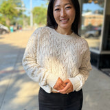 Cream Elegant Long-Sleeve Flocked Mesh Top