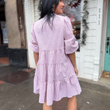 3/4 Sleeve Button Down Stripe Woven Tiered Dress - Rose