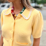 Butter Yellow Scalloped Crochet Collar Cardigan