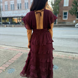 Burgundy Tiered Ruffle Midi Dress
