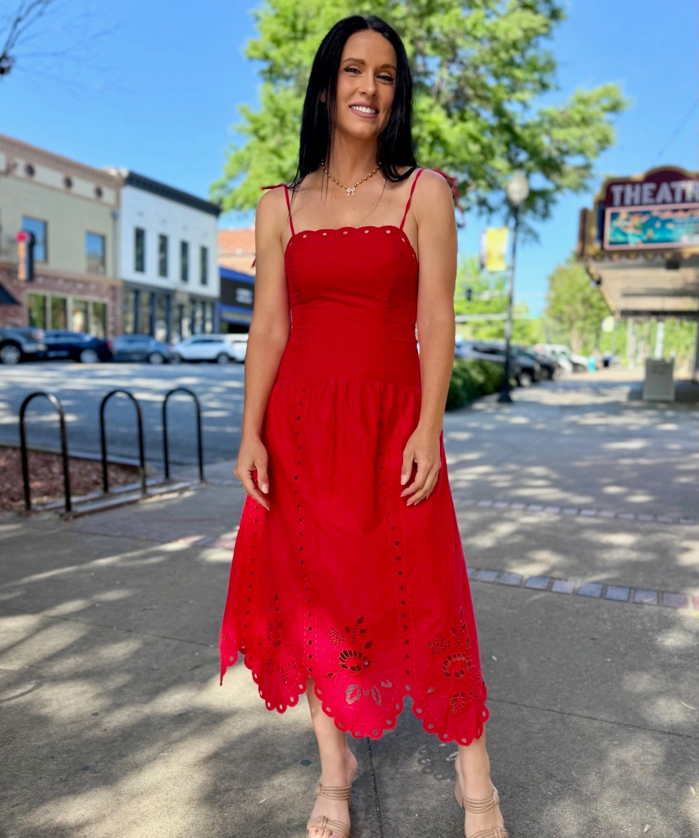 eyelet dress red Eyelet Detail Midi Dress Cedar & Thread