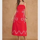 Floral Embroidery Detail Sleeveless Linen Midi Dress