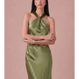 Olive Satin Halter Midi Dress with Velvet Scarf Detail