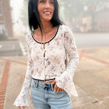 Lace Ruffle Sleeve Button-Front Blouse - Beige