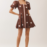 Clover Dot Piped Puff Sleeve Mini Dress