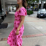 Pink-Red Square Neck Printed Top With Tiered Midi Skirt
