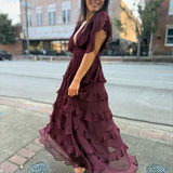 Burgundy Tiered Ruffle Midi Dress