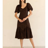Brown Puff Sleeve Embroidered Midi Dress