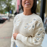 Ivory Silver Monroe Leaf Cutout Embellished Sweater