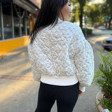 Cream Floral Print Quilted Bomber Crop Jacket