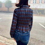 Nila Smocked Plaid Peplum Button-Front Blouse