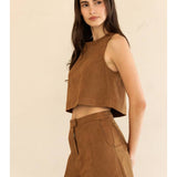 Camel Suede Sleeveless Crop Top