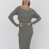 Olive Ribbed Two-Piece Knit Midi Dress Set