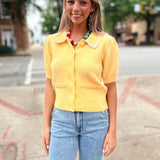 Butter Yellow Scalloped Crochet Collar Cardigan
