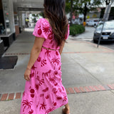 Pink-Red Square Neck Printed Top With Tiered Midi Skirt