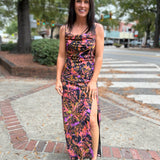 Multi Butterfly Kiss High Slit Bias Maxi Slip Dress