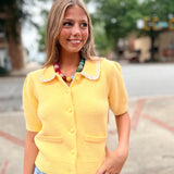 Butter Yellow Scalloped Crochet Collar Cardigan